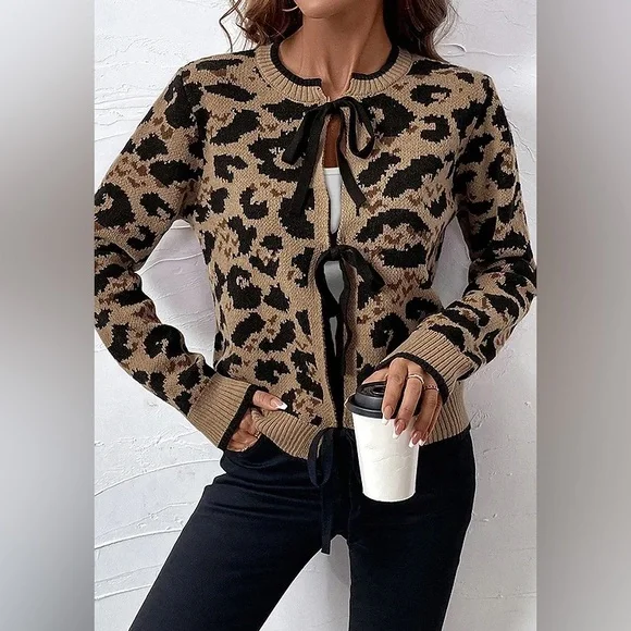 Leopard Animal print bowknot tie open boho bohemian cardigan sweater - Picture 3 of 7